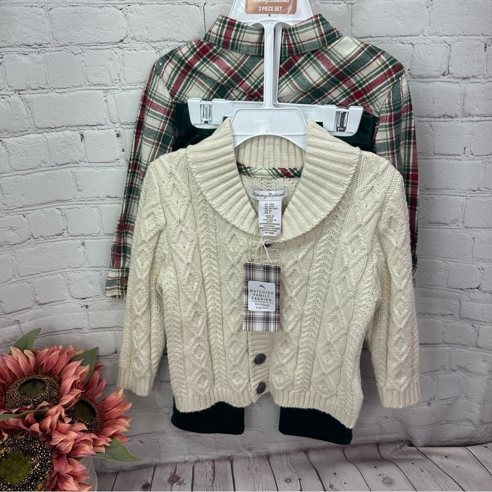 NWT 3pc tommy bahama set cardigan sweater plaid shirt green pants sz 24M